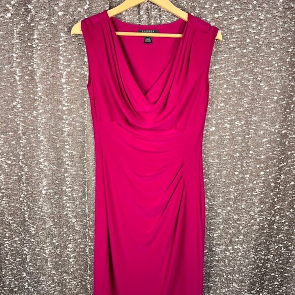 Lauren Ralph Lauren Dress Womens Size 6 Magenta Pink Ruched Stretch Drape Neck - Picture 1 of 9